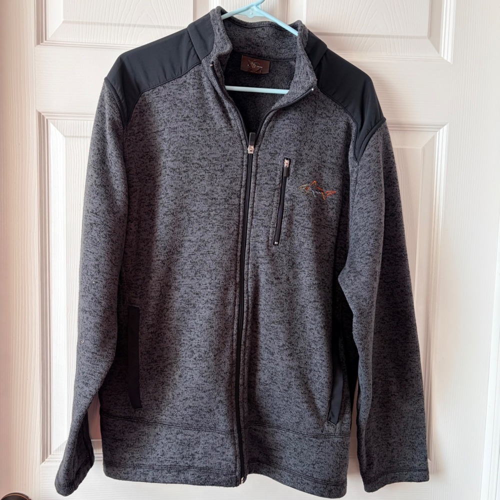 Greg Norman for Tasso Elba Mens Large Gray Full Zip Fleece Jacket Shark‎ Logo
